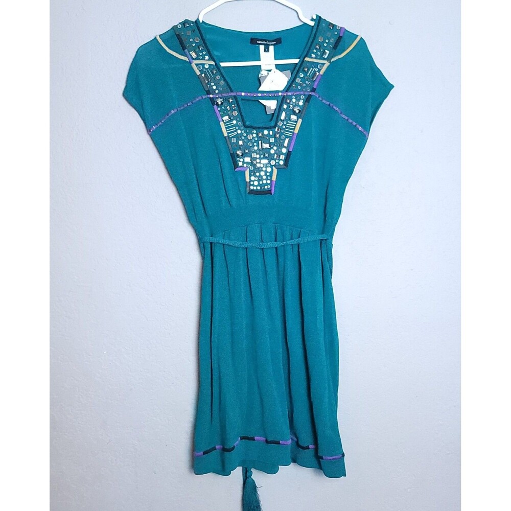 Nanette Lepore twilight S Blue Knit Short Cobra Dress Silver Sequin Details +Tie
